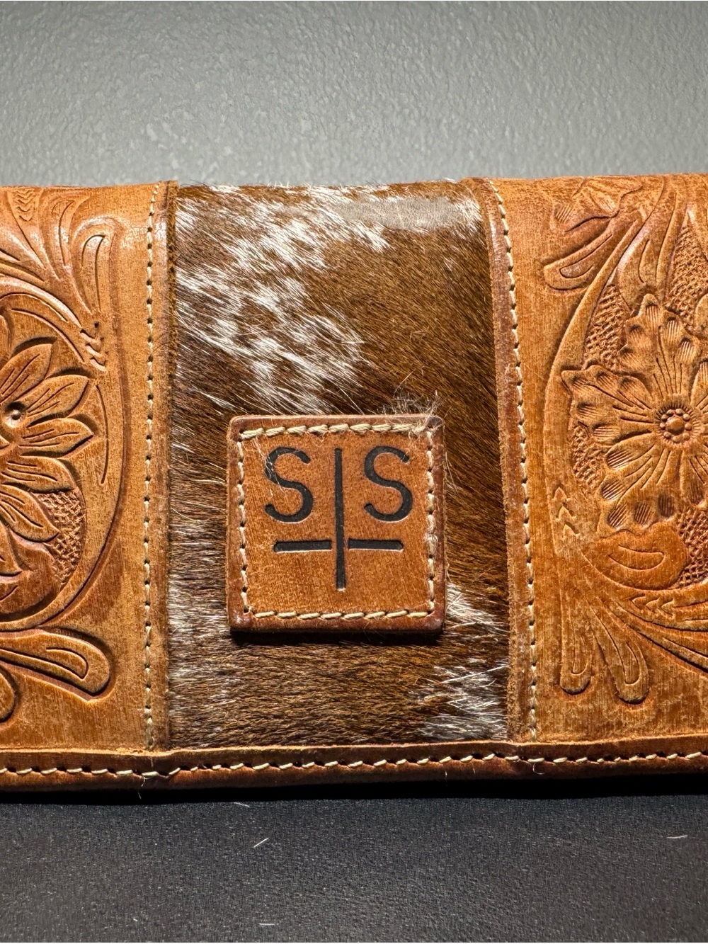 STS Ranchwear Brown Tooled Leather & Hair-On Wallet with White Speckle